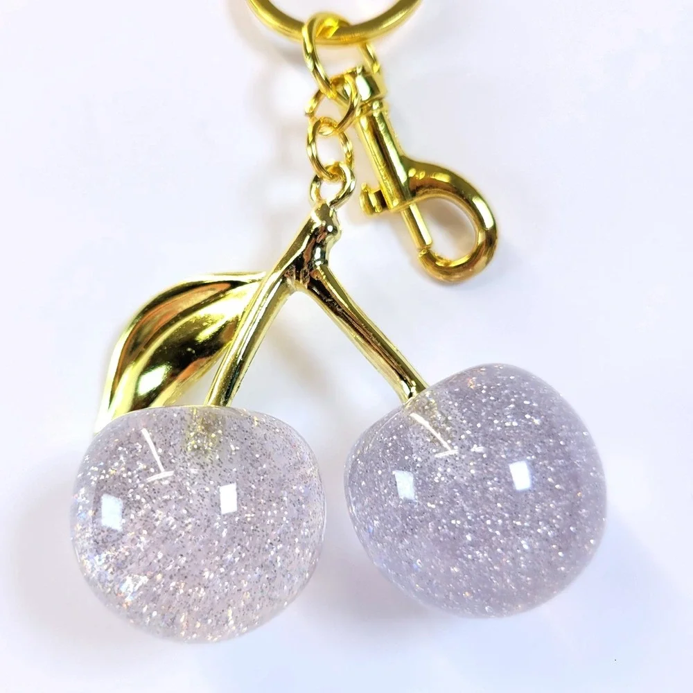 Cherry Keychain Glitter Resin Bag Charm White Gold Women Playful Whimsical NEW